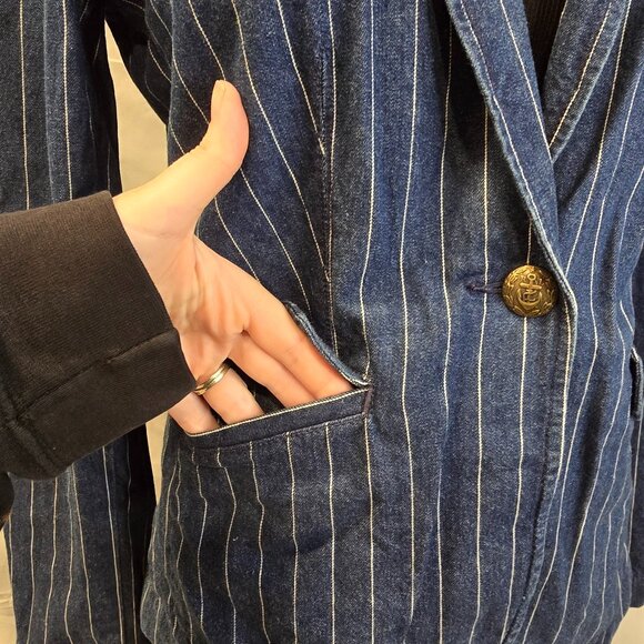 Ralph Laurel Jeans Blazer And Skirt Size 6 Blue With Pin Strips 100% Cotton - Picture 4 of 16